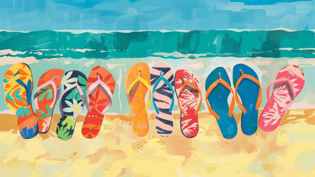 Eine Reihe bunter Flip-Flops steht am Strand vor dem türkisfarbenen Meer.