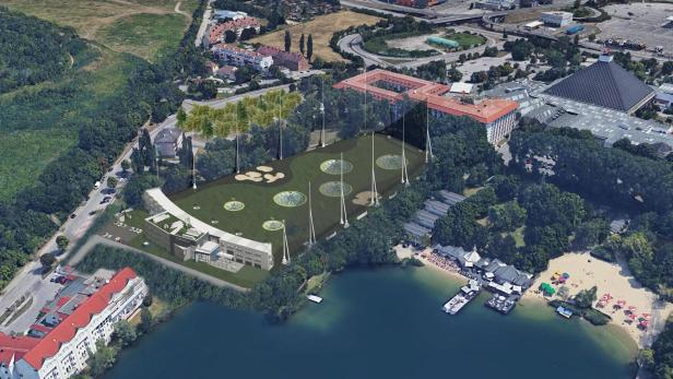 Das geplante Topgolf-Projekt in Brunn am Gebirge. Oben rechts: das bekannte Eventhotel Pyramide neben der Shopping City Süd