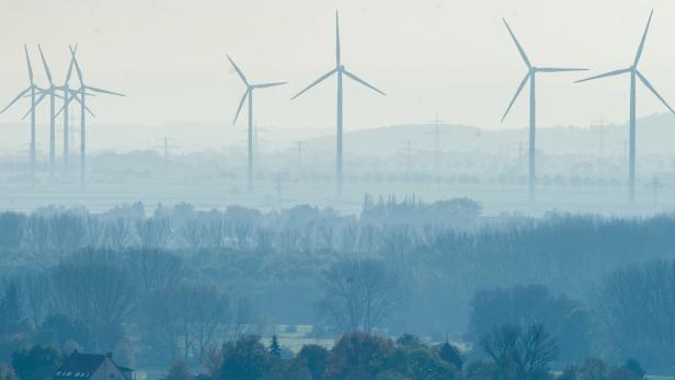 Mehrere Windkraftanlagen erheben sich im Dunst über eine bewaldete Landschaft.