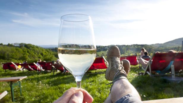 Ein Glas Weißwein vor einer entspannten Szene mit Liegestühlen im Grünen.
