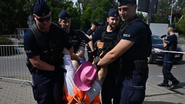 Polizisten tragen eine Demonstrantin mit einem rosa Hut weg.