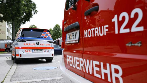 Rückseite eines Feuerwehrautos, im Hintergrund ein Fahrzeug der Wiener Berufsrettung