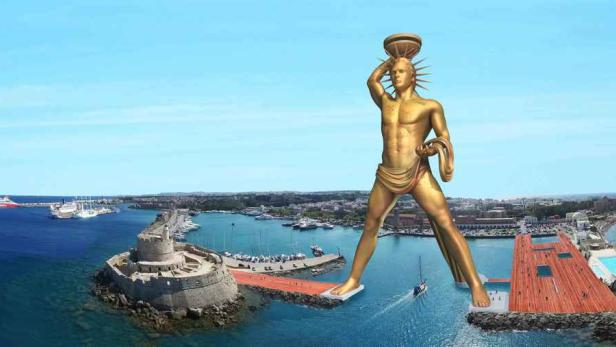 Eine Darstellung des Koloss von Rhodos, der über der Hafeneinfahrt steht.