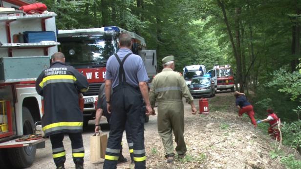 Einsatzkräfte von Feuerwehr und Rettungsdienst sind in einem Waldstück im Einsatz.