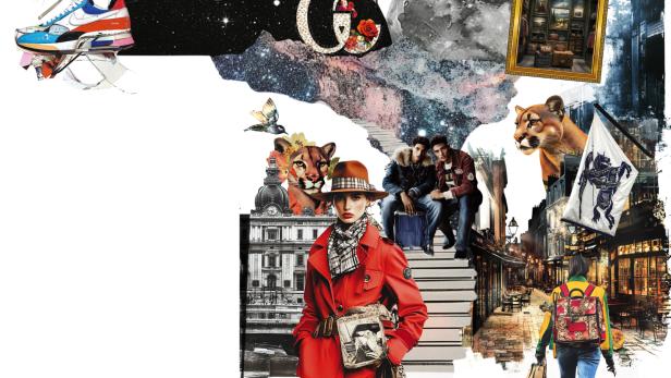 Eine Collage mit Modeelementen, darunter Karos, Burberry-Logos und Pumas.