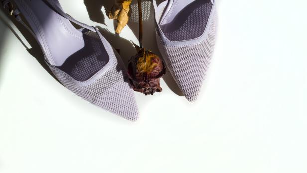 Ein Paar lila Kitten Heels mit einer verwelkten Rose auf einem weißen Hintergrund.