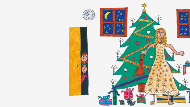 Eine Frau steht neben einem Weihnachtsbaum, während Kinder aus einer Tür spähen.