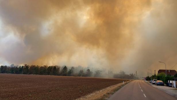 Dichte Rauchschwaden des großflächigen Waldbrandes bedrohen im Raum Gänserndorf auch die Bewohner von Siedlungen