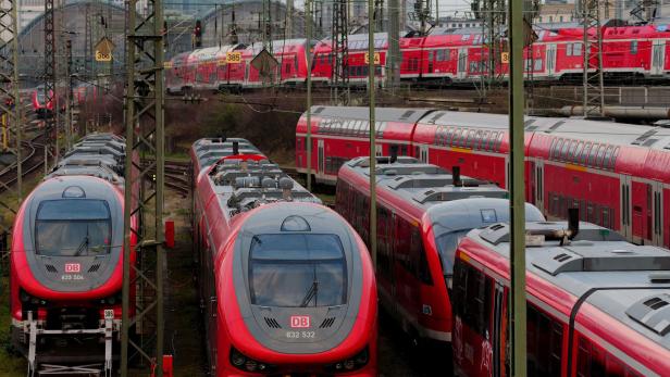 Deutsche Bahn trains operate outside Frankfurt central station at the start of a strike by train drivers union GDL