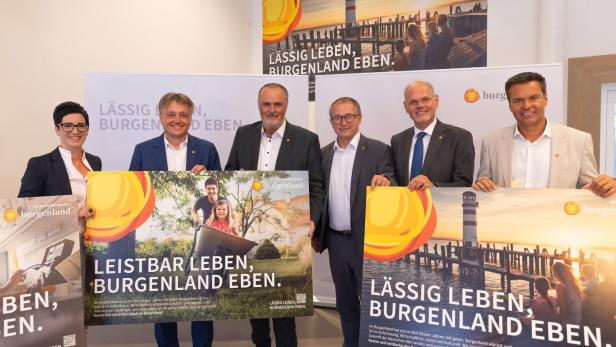 Landesimmobilien Burgenland Geschäftsführerin Jutta Benedek, Wirtschaftsagentur Burgenland Geschäftsführer Michael Gerbavsits, Aufsichtsratsvorsitzender Landeshauptmann Hans Peter Doskozil, Landesholding Burgenland Geschäftsführer Hans Peter Rucker, Gesundheit Burgenland Geschäftsführer Franz Öller und Burgenland Tourismus Geschäftsführer Didi Tunkel (v.li.).