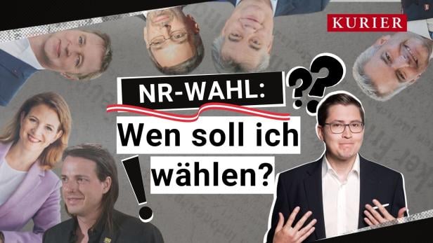 In der Mitte des Bildes befindet sich ein Schriftzug auf dem zu lesen ist: NR-WAHL: Wen soll ich wählen? Im unteren rechten Eck ist Michael Hammerl, KURIER Innenpolitik-Redakteur zu sehen. Außerdem sind im Uhrzeigersinn die Spitzenkandidaten Marco Pogo/Dominik Wlazny, Beate Meinl-Reisinger, Andreas Babler, Herbert Kickl, Werner Kogler und Karl Nehammer zu sehen.