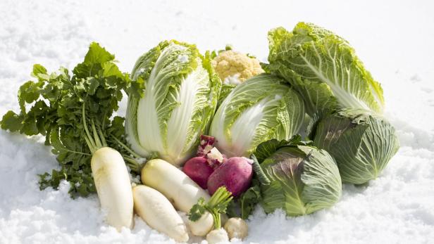 Verschiedene Gemüsesorten liegen im Schnee.