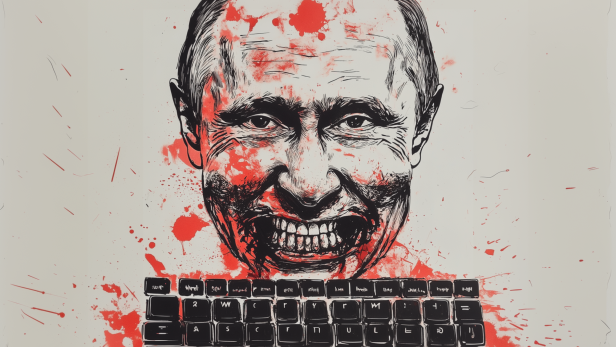 Eine stilisierte Darstellung von Wladimir Putin über einer Computertastatur, bedeckt mit roten Farbspritzern.
