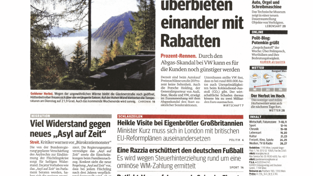 Titelseite der Zeitung „Kurier“ vom 4. November 2015 mit verschiedenen Artikeln.