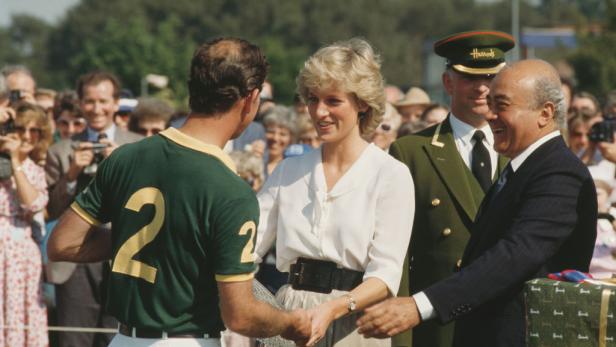 Prinz Charles (links), Diana und Mohamed Al-Fayed (1987)