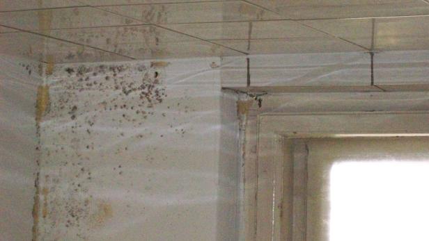 Schimmelbildung an der Wand und Decke eines Raumes.