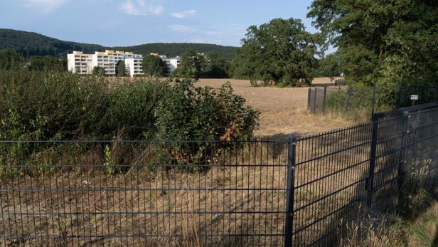 Ein Feld mit einem Zaun im Vordergrund und einem Wohnhaus im Hintergrund.
