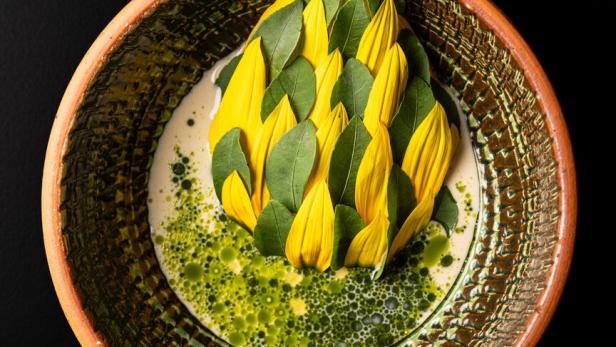 Ein Teller mit einer kunstvollen Anordnung aus gelben Blütenblättern und grünen Blättern in einer hellen Flüssigkeit.