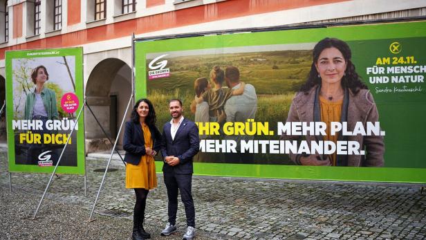 Zwei Personen vor Plakaten