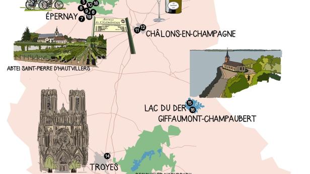 Eine Landkarte mit Punkten, die man in der Champagne besichtigen kann.