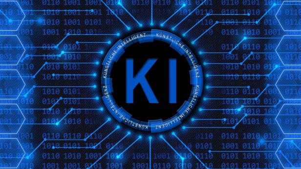 Artificial intelligence (in german Kuenstliche Intelligenz) KI lettering - abstract background of 4-digit binary code behind information connecting lines between honeycomb elements - information technology concept