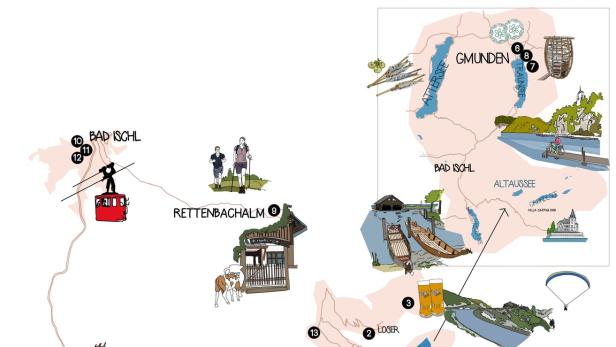 Eine Karte von Bad Aussee und der umliegenden Region mit verschiedenen Sehenswürdigkeiten.