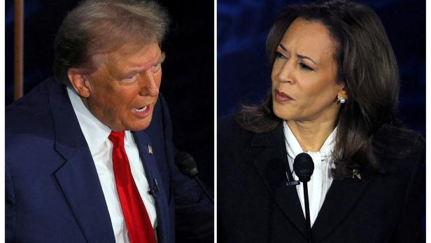 Montage: Donald Trump auf einem Bild, Kamala Harris auf einem anderen Bild