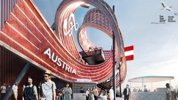 Pavillon mit hölzernem Notenband aus Niederösterreich bei der Expo 2025