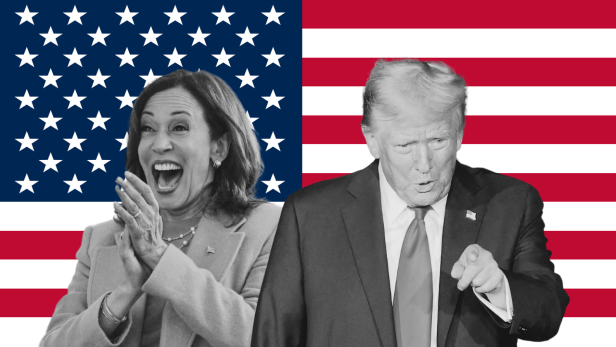 Trump und Harris vor einer amerikanischen Flagge