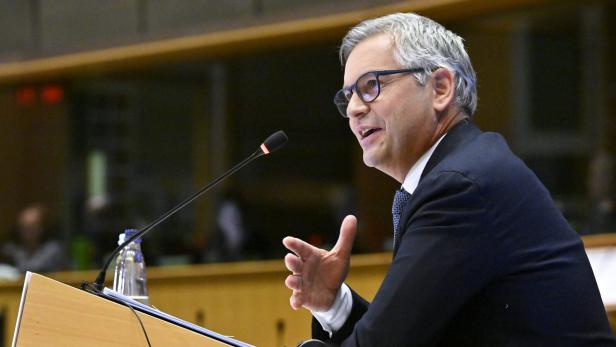 Ein Mann mit Brille gestikuliert an einem Rednerpult mit Mikrofon.
