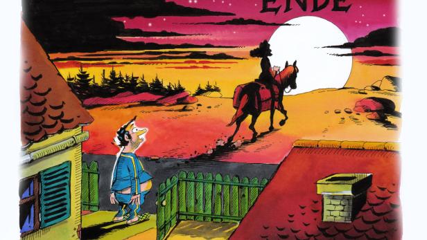 Ein Comicbild zeigt einen Mann, der einer Reiterin auf einem Pferd zusieht, mit dem Wort „Ende“ im Nachthimmel.