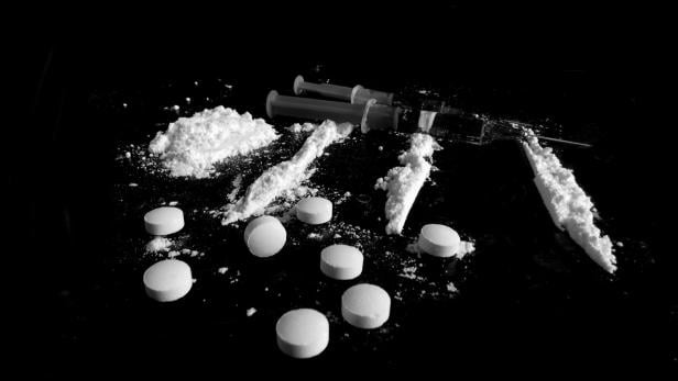 Pills, cocaine drug powder lines and injections