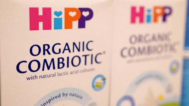 HIPP products are displayed on a shelf in a supermarket