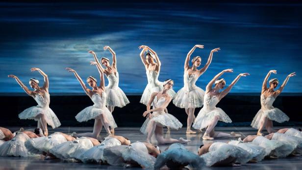 Eine Bühne: Balletttänzerinnen im Tutu stehen, kneien und liegen am Boden und bilden Schwäne nach.