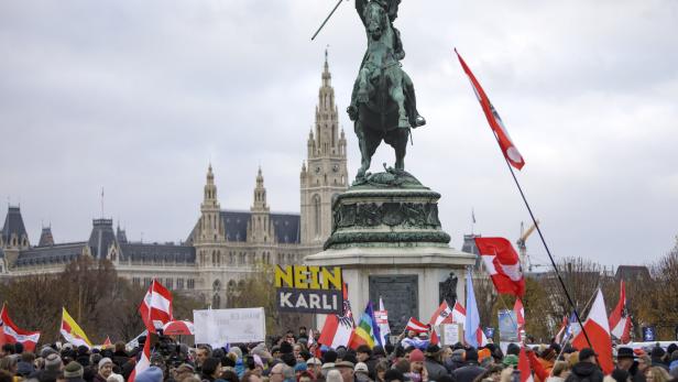 Russland-Fahnen und "Nein Karli": Hunderte Teilnehmer bei FPÖ-Demo in Wien