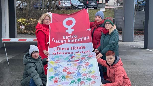 Elisabeth Asanger, Birgit Wallner links der Fahne, Karin Wolf, LR Ulrike Königsberger-Ludwig und Birgit Kern auf der rechten Seite