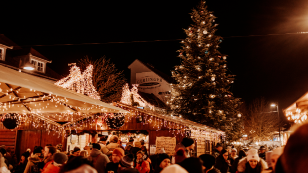 Ein Weihnachtsmarkt mit Weihnachtsbaum und Besuchern 