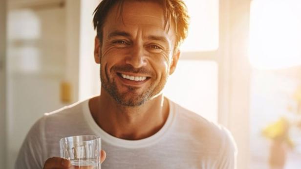 Ein Mann im weißen T-Shirt lächelt mit einem Glas Wasser in der Hand in die Kamera. Der Raum ist lichterfüllt.