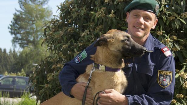 Ein österreichischer Polizist mit Barett umarmt einen Schäferhund.