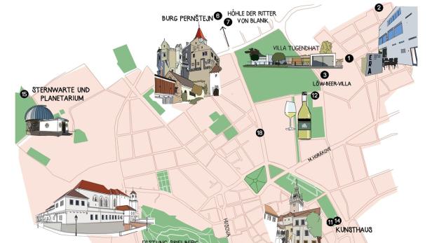 Eine illustrierte Karte von Brünn mit Sehenswürdigkeiten wie Burg Pernštejn und Villa Tugendhat.