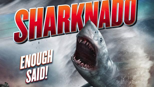 Das Filmplakat für „Sharknado“ zeigt einen Hai inmitten eines Sturms.