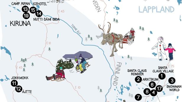Eine illustrierte Karte von Lappland mit verschiedenen Winteraktivitäten und Sehenswürdigkeiten.