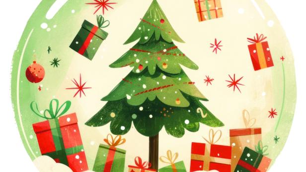 Eine Schneekugel mit Weihnachtsbaum und Geschenken.