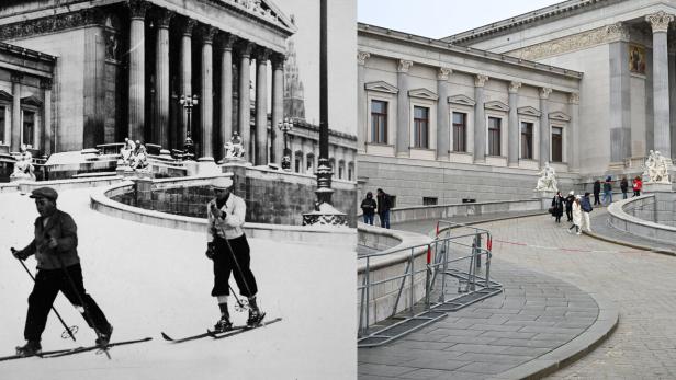 Links: Zwei Skifahrer während der Kältewelle vor dem verschneiten Parlamentsgebäude in Wien, aufgenommen im Jänner 1938