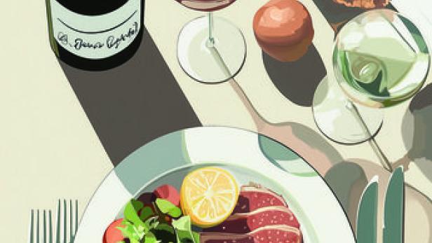 Ein gedeckter Tisch mit einer Flasche Wein, Gläsern, Brot und einem Teller mit Aufschnitt und Salat.