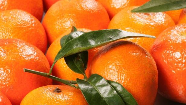 Mandarinen sind mit Zimtstangen, Sternanis und Nelken arrangiert.