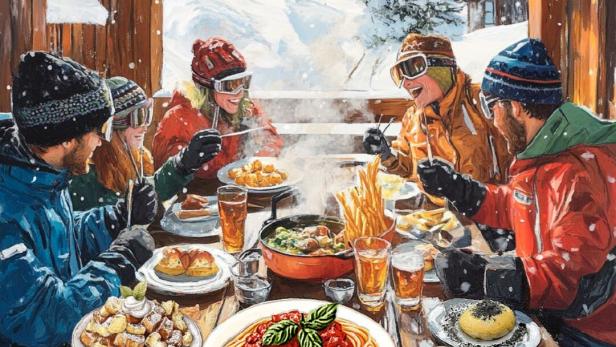 So wie sich die KI eine Skihütte vorstellt: Schnee, ein Tisch, auf dem Kaiserschmarrn, Pasta asciutta und Germknödel steht und Wintersportler, die sich freuen.