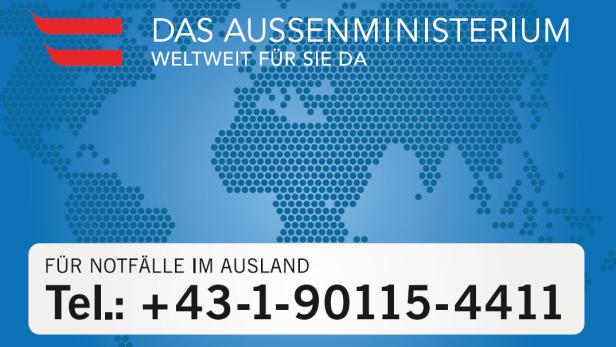 Das Logo des österreichischen Außenministeriums mit dem Slogan „Weltweit für Sie da“ und einer Telefonnummer für Notfälle im Ausland.