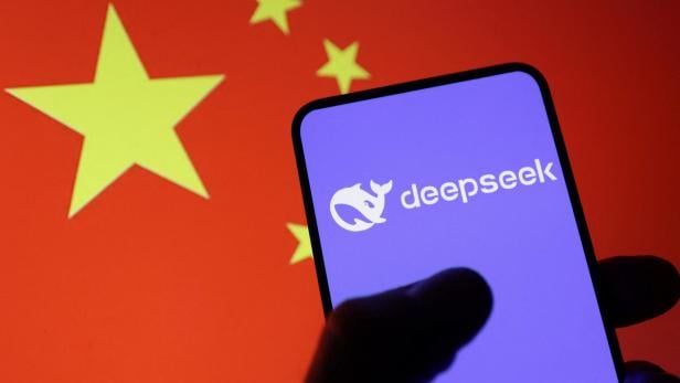 Illustration shows Deepseek logo and Chinese flag