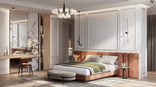 Luxuriöses Schlafzimmer mit einem großzügigen Spiegel und kreativen Leuchten